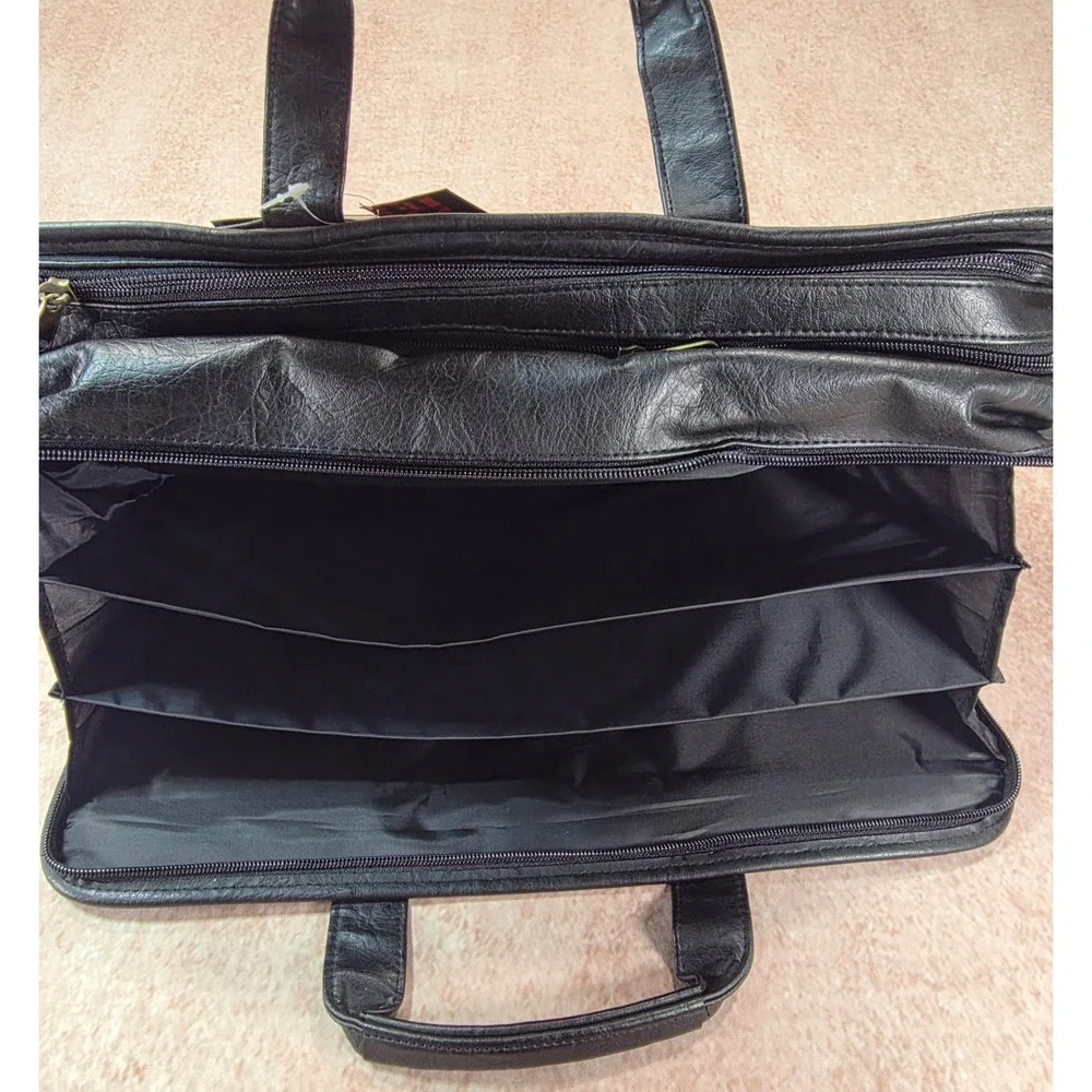 Expandable Twin Pocket Portfolio Leather Briefcase Bag NWT Black